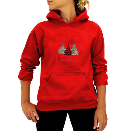 Foreign Trade Cross-border merry Leopard Print Plaid Christmas Tree Printing Hooded Hoodie Autumn and Winter European and American Ladies