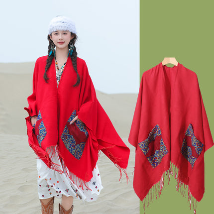 Xinjiang Xizang Travel Photo Split Pocket Ethnic Scarf Women's Dual-use Warm Outer Cape Cape Shawl