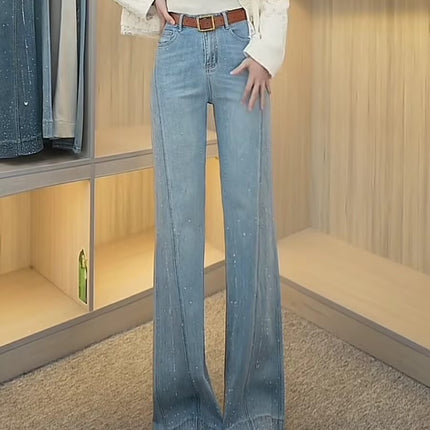 Plus Size Retro Rhinestone Stretch Jeans for Women Spring Summer High Waist Slimming Non-Stick Leg Bootcut Flared Pants
