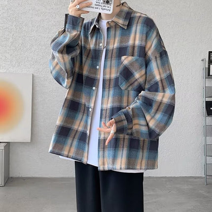 American Retro Plaid Shirt Men's Long-Sleeved Casual Trendy Brand Loose Brushed High-End Shirt Men's Jacket
