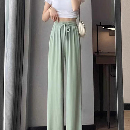 Ice Silk Wide-Leg Pants for Women, Summer Thin High-Waisted Drape Cool Mosquito-Proof Sun-Protective Casual Versatile Floor-Length Straight Pants