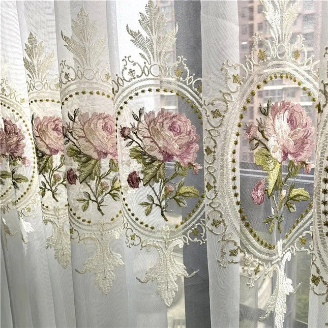 American Luxury Peony Embroidery Tulle Curtains for Living Room European Elegant Flower Embroidered Sheer Voile Bedroom Window