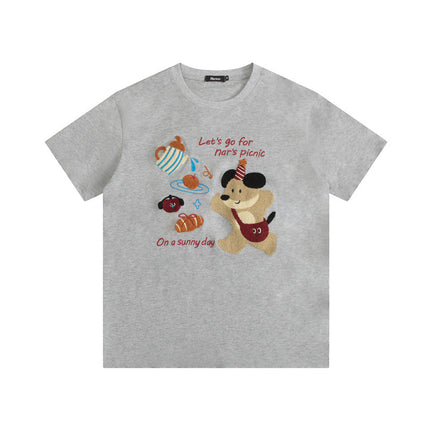 HeyHenry Men's Summer Bear Towel Embroidered Jacquard Loose Couple T-Shirt Round Neck All-match Short-sleeved Women's Ins