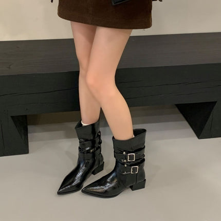 2025 Autumn/Winter Pointed Toe Western Cowboy Boots Autumn/Winter Slimming Melard Short Boots Retro Chunky Heel Mid-Calf Riding Boots