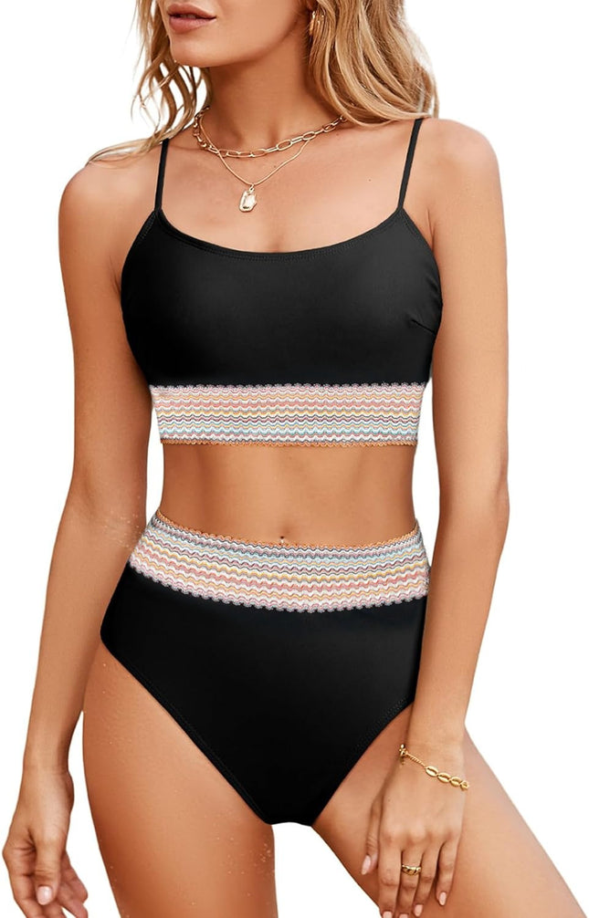 2025 New European and American Bikini Amazon U-neck Ribbon High Waist Sexy Bikini Split Swimsuit for Women