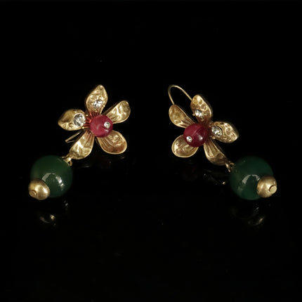 Retro Exquisite Diamond Flower Ear Hook Old Craft Antique Green Glass Pendant Earrings