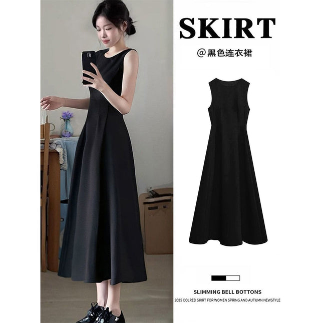 Little Black Skirt Black Sleeveless Dress Women's Summer French Hepburn Style High-End A-Line Pinch Waist Long Skirt