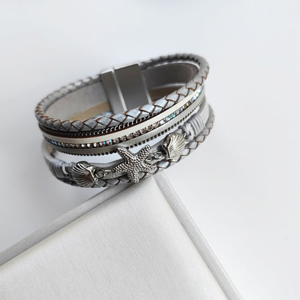 Cross-border Hot Sale New Style Shell Starfish Bracelet Diamond-encrusted Multi-layer Magnetic Bracelet Bohemian Woven Leather Bracelet
