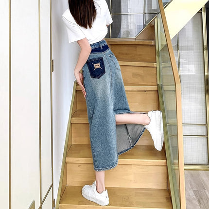 Vintage Split Half-length Denim Skirt Women's New 2024 Summer Contrast A- line Half-skirt Spring and Autumn Mid-length Hong Kong-style Thin