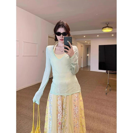Mint Green Thin Layered V Neck Sun Protection Long-Sleeved T-Shirt for Women Summer Slimming Look Right Shoulder Pure Color Top