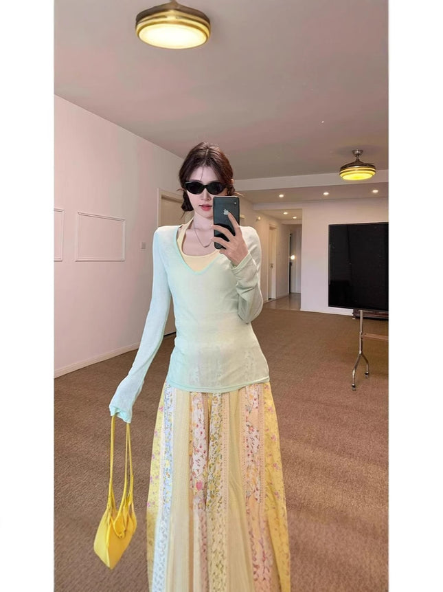 Mint Green Thin Layered V Neck Sun Protection Long-Sleeved T-Shirt for Women Summer Slimming Look Right Shoulder Pure Color Top