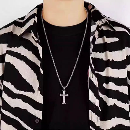 Titanium Steel Cross Necklace with Diamonds, Unisex European and American Cross-Border Jewelry, Hip-Hop High-End Accessories, Sweater Chain, Hoodie Chain