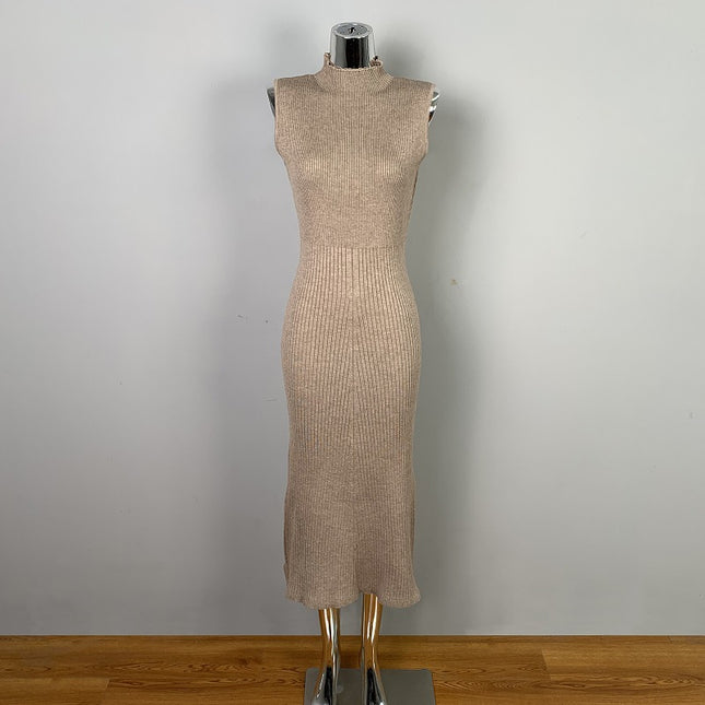 South Korea Dongdaemun Sexy Feminine High Neck Slim Figure Solid Color Elegant Long Knitted Sleeveless dress