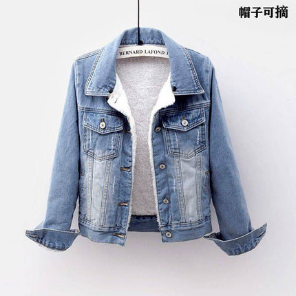 Autumn and Winter Denim Coat Women's Styky fleece-lined Thickened New Arrival Warm Thick Fur Collar Trendy All-match Outer Wear Top for Women