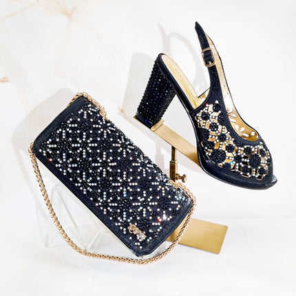 Queenyan Export Open-Toe Women's Shoes and Bags Set, Cut Out Design, Exquisite Hot Diamonds, Elegant Banquet Style