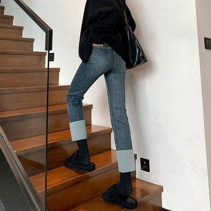 Retro blue pipe pants women's autumn and winter stitching jeans new spring and autumn cropped stretch all-match loose straight pants
