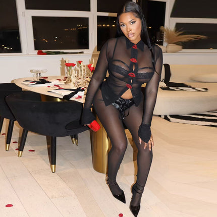 [in Stock] Y2678 European and American Style 2025 Long Sleeve Rhinestone Lip Button Mesh Shirt + Leather Mesh Pants Two-Piece Set
