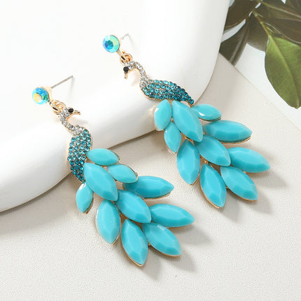 European and American Exquisite Fashion Crystal Ear Jewelry Retro Indian Exotic Ethnic Style Earrings with Diamond Green Peacock Earrings