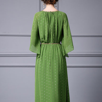Zhili Green Mature Feminine Style Waist-Cinching Dress with Beading and Flared Sleeves, New for Spring 2026