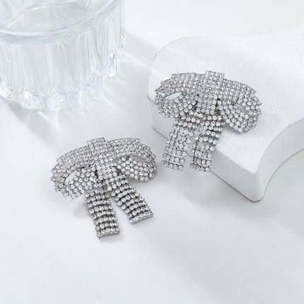 2024 Super Flash Claw Chain Full Diamond Bow Earrings European and American Exaggerated Earrings Women's Elegant Banquet Cross-border Bridal Jewelry