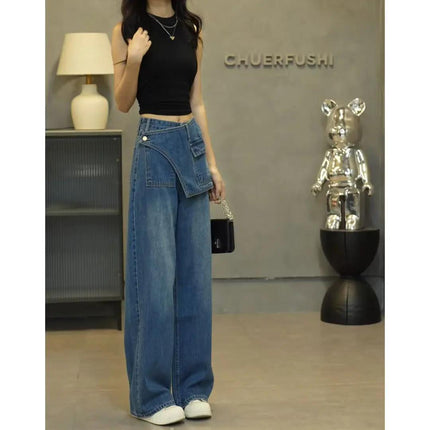 Women's Autumn New Faux Two-Piece Jeans, Slimming High-Waisted Pants, New Stylish Versatile Straight-Leg