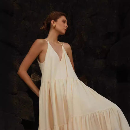 2024 Women's Loose Solid Color Pleated Irregular dress Beach Strap Long Dress