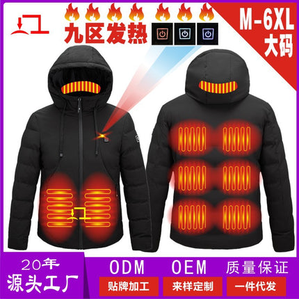 Cross-Border Popular USB Smart Heating Cotton Jacket Hooded Warm Men's Cotton Jacket Outdoor Graphene Heating Jacket