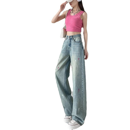 Wide Leg Jeans Women's 2024 Summer New High Waist Slimming Design Sense Dipped Splash Ink Straight Pants