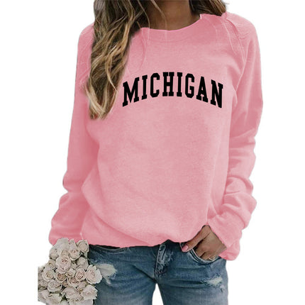 Cross-border supply of European and American foreign trade MICHIGAN printed crew neck sweater top women's coat autumn and winter European size