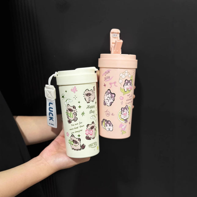 New cute thermos cup 316 stainless steel coffee cup portable double drink portable men's and women's straw accompanying cup