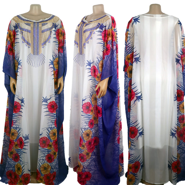 Foreign Trade African Ethnic Style Clothing Large Swing Skirt Chiffon Heavy Industry Hot Diamond Digital Printing with Inner Group Cross-Border Supply