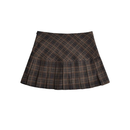 American Preppy Style Retro Plaid Brushed Pleated Skirt Slimming Look High Waist Short Skirt Female Sexy A-Line Skirt Autum