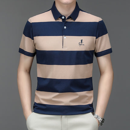 Mingdi Mouse Men's Summer New Pure Cotton Short-sleeved Men's T-shirt Striped Casual Lapel Large Size Men's Polo Shirt