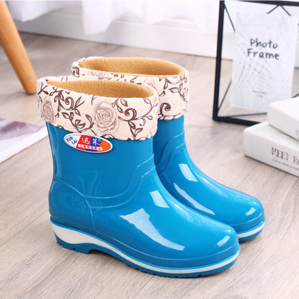 Rain Boots women's non-slip short water shoes fashion warm water boots adult low rubber shoes fleece-lined rain boots one-piece delivery
