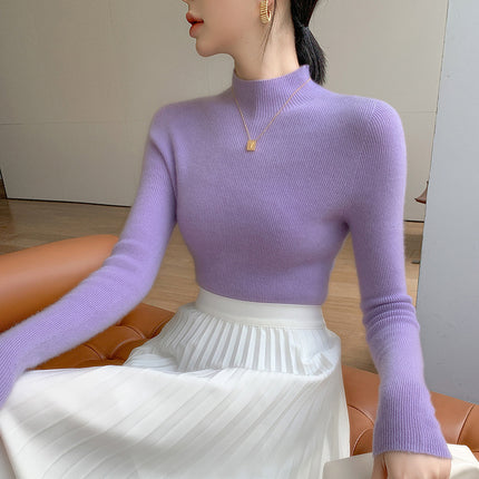 High-End Seamless Slim-Fit Cashmere Sweater for Women, Half Turtleneck, New Autumn/Winter 2024 Base Layer
