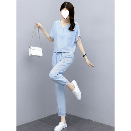 Sports Suit for Women Summer 2025 New Style Casual Fashion Fashionable Age-Reducing Lady Cotton and Linen Two-Piece Set