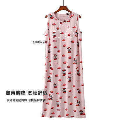 Cartoon Padded Cut-Sleeve Extended Nightgown for Women Summer Thin Printed Can Be Worn Outside Anti-Bump Pajamas Spring