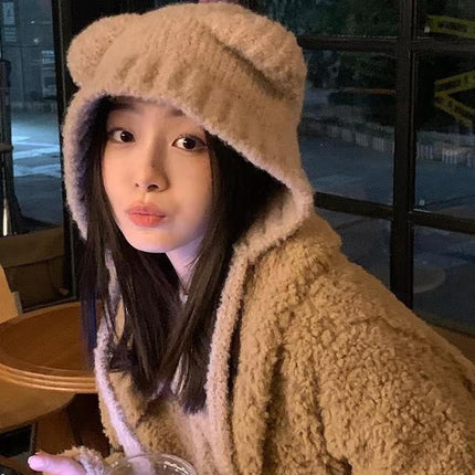 Cute Bear Ear Knitted Hat for Women, Autumn and Winter, Makes the Face Look Smaller, Versatile, Warm Woolen Hat, Cold-Proof Plush Ear Protection Hat