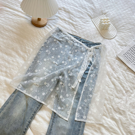 Niche Original Design Korean Lace Gauze Skirt Lace Fart Curtain Apron Women's Stacked Strap Skirt All-match Cover Lace
