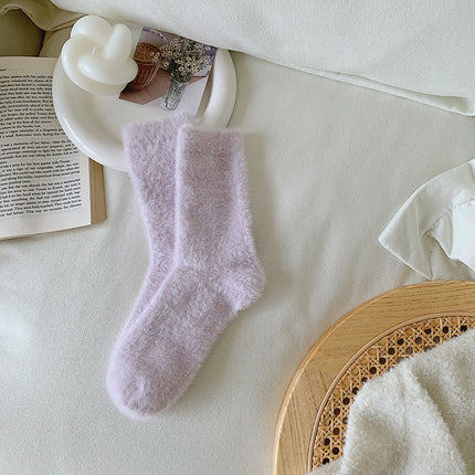 Autumn and Winter new mink velvet socks fleece-lined thick solid color cute floor sleep socks warm mid-calf Zhuji wholesale