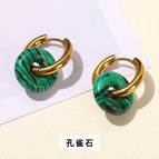 Malachite bread ring titanium steel gold-plated earrings / 18+15mm