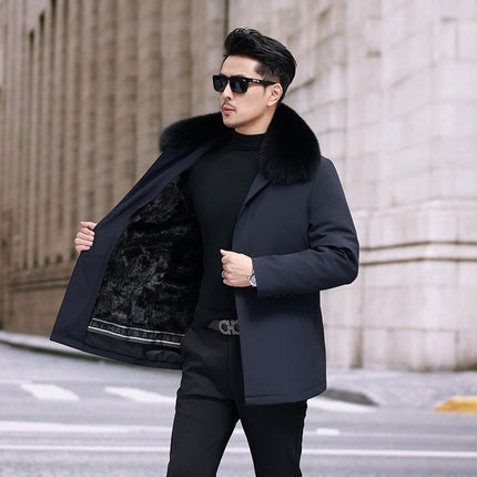 Men's Pure Color Winter Warm Outwear with Fur Collar Liner Removable Mid-Length Thickeneded Pie Jacket