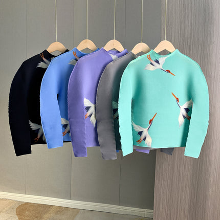 Fashionable casual pleated suit high-grade crane printed high waist skirt long sleeve top two-piece suit women's all-match