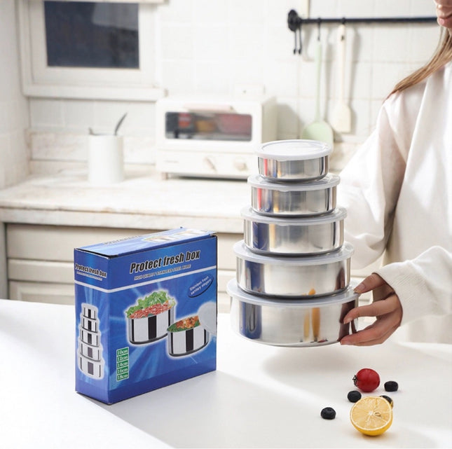 Specially Designed for Cross-Border Stainless Steel Crisper with Lid Five-Piece Set Kitchen Refrigerator Fresh-Keeping Storage Round Foreign Trade Color Box