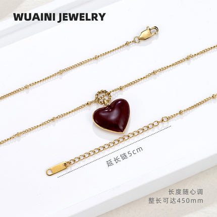 New Year's Wine Red Enamel Drop Oil Love Necklace Female Niche Color-free High-grade Pendant Titanium Steel Plated 18K Gold Accessories