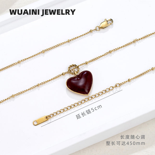 New Year's Wine Red Enamel Drop Oil Love Necklace Female Niche Color-free High-grade Pendant Titanium Steel Plated 18K Gold Accessories