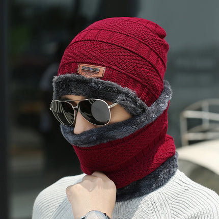 Winter Hat Two-Piece Set for Men and Women, Warm Knitted Woolen Hat with Fleece Lining, Cycling Cold-Proof Neck Warmer, Men's Cotton Hat Set