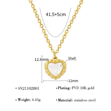French-Style Fashion Light Luxury Versatile Necklace, Real Gold Plated, Non-Fading, Clavicle Chain, Suitable for Bathing, Mother-Of-Pearl Pendant, Heart-Shaped Necklace