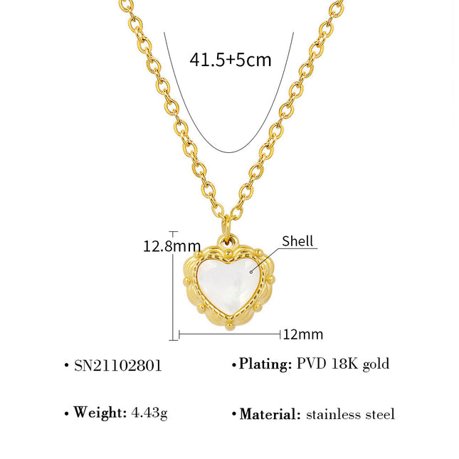 French-Style Fashion Light Luxury Versatile Necklace, Real Gold Plated, Non-Fading, Clavicle Chain, Suitable for Bathing, Mother-Of-Pearl Pendant, Heart-Shaped Necklace