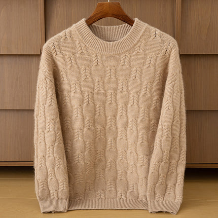 Autumn and Winter Cashmere Casual Versatile Loose Men's Solid Color Cable Knit Round Neck Pullover Wool Sweater